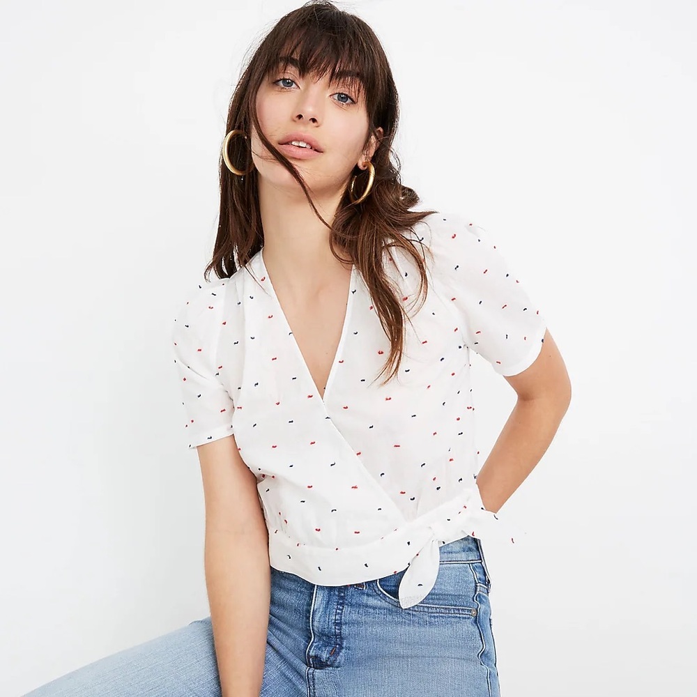 MADEWELL • Short Sleeve Wrap Top in Red and Blue Clipdot - Size S